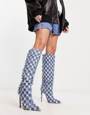 Azalea Wang Eve denim embellished stiletto boots-Blue