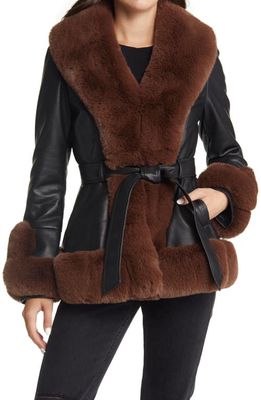 AZALEA WANG Faux Leather & Faux Fur Belted Coat in Black