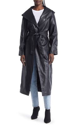 AZALEA WANG Faux Leather Hooded Trench Coat in Black