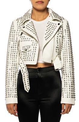 AZALEA WANG Gazette Studded Crop Faux Leather Moto Jacket in White