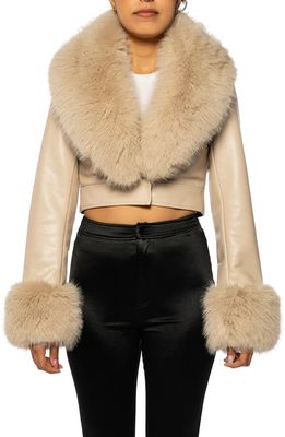 AZALEA WANG Gisele Faux Fur Trim Faux Leather Crop Jacket in Beige