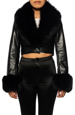 AZALEA WANG Gisele Faux Fur Trim Faux Leather Crop Jacket in Black