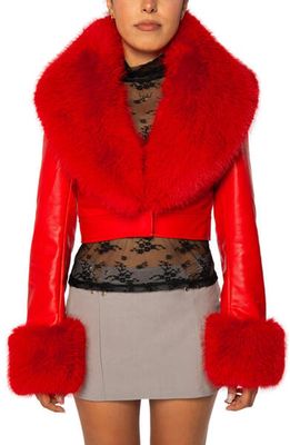 AZALEA WANG Gisele Faux Fur Trim Faux Leather Crop Jacket in Red