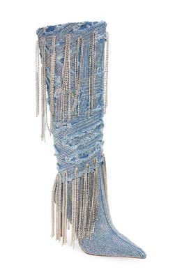 AZALEA WANG Mischief 3 Fringe Pointed Toe Knee High Boot in Denim