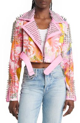 AZALEA WANG Studded Floral Faux Leather Belted Crop Moto Jacket in Pink