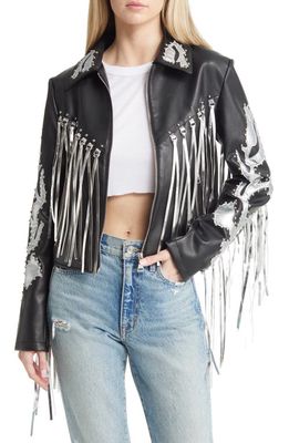 AZALEA WANG Western Fringe & Stud Faux Leather Jacket in Black