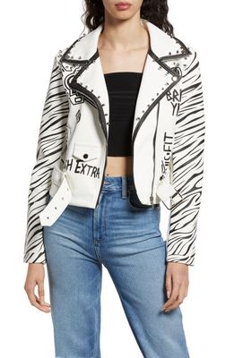 AZALEA WANG Wild Cat Embellished Faux Leather Belted Moto Jacket in White