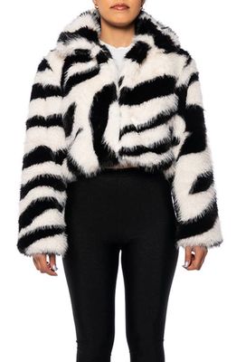 AZALEA WANG Zebra Print Faux Fur Crop Jacket with Removable Collar in White