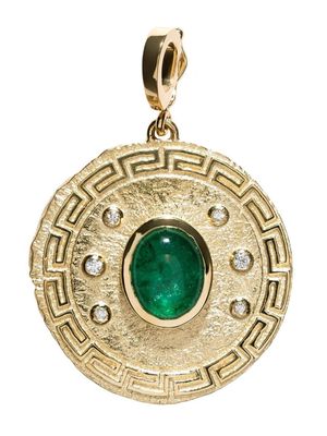 Azlee 18kt yellow gold large Greek emerald and diamong coin pendant