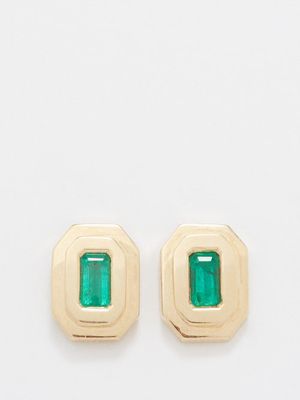 Azlee - Staircase Emerald & 18kt Gold Stud Earrings - Womens - Green Multi