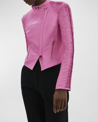 Azra Asymmetric Striped-Sleeve Leather Moto Jacket