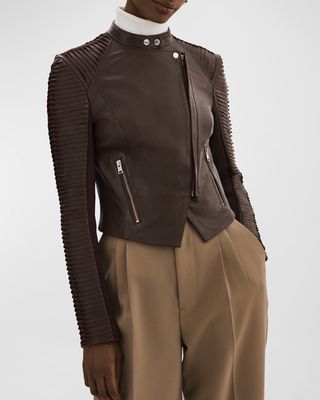 Azra Slashed-Sleeve Lamb Leather Jacket