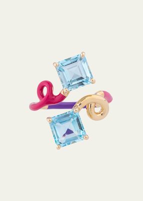 B Square Ring with Double Blue Topaz plus Raspberry Purple and Bubblegum Pink Enamel