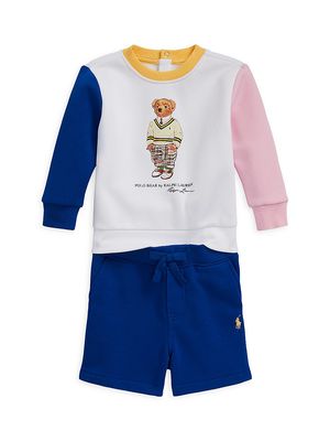 Baby Boy's 2-Piece Colorblock Polo Bear Sweatshirt & Shorts Set - White Multi - Size 12 Months - White Multi - Size 12 Months