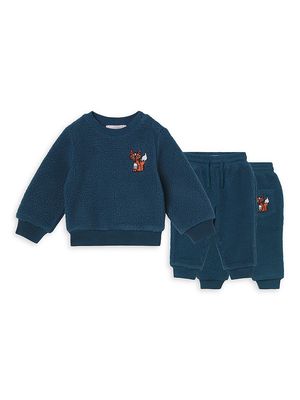 Baby Boy's 2-Piece Fox Embroidered Teddy Tracksuit - Blue - Size 3 Months - Blue - Size 3 Months