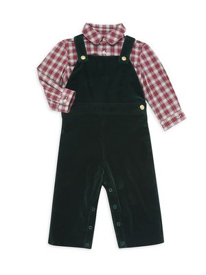 Baby Boy's 2-Piece Plaid Bodysuit & Velvet Overalls Set - Green - Size 12 Months - Green - Size 12 Months