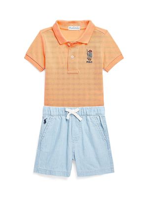 Baby Boy's 2-Piece Polo Bear Mesh Polo & Chambray Shorts Set - Fair Orange Chambray - Size 12 Months - Fair Orange Chambray - Size 12 Months