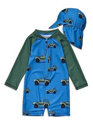 Baby Boy's & Little Boy's 2-Piece Truck Print Sun Hat & Rashguard Swimsuit - Blue - Size Newborn - Blue - Size Newborn