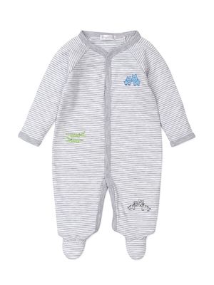 Baby Boy's Animal Embroidery Striped Footie - Grey - Size Newborn - Grey - Size Newborn