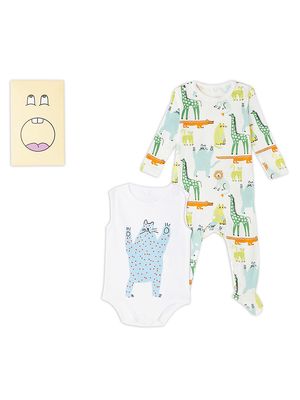 Baby Boy's Animals Print Footie & Bodysuit Set - White Multi - Size 3 Months - White Multi - Size 3 Months
