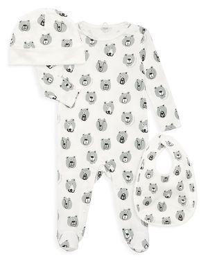 Baby Boy's Bear Cotton Footie, Bib & Hat Set - White - Size 3 Months