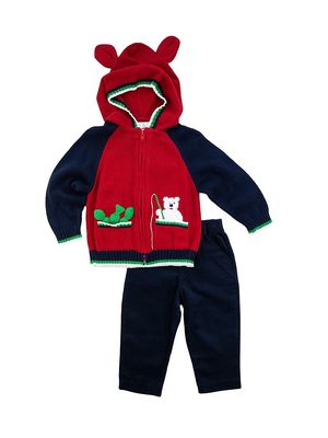 Baby Boy's Fishing Polar Bear Sweater & Pants Set - Red Navy - Size 12 Months - Red Navy - Size 12 Months