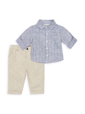 Baby Boy's Linen Shirt & Pants Set - Blue - Size 3 Months - Blue - Size 3 Months