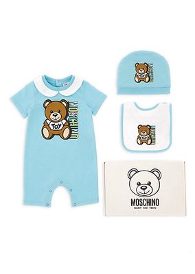 Baby Boy's Logo Bear Romper, Bib & Hat Gift Set