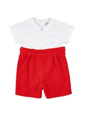 Baby Boy's Peter Pan Collar Velvet Shortall - Red White - Size 6 Months - Red White - Size 6 Months