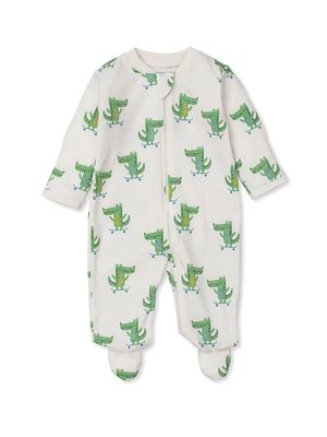 Baby Boy's Skateboarding Alligator Print Zip-Up Footie - White Green - Size Newborn - White Green - Size Newborn
