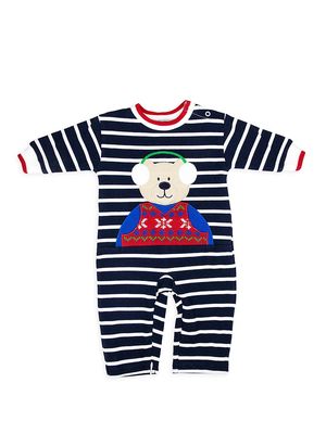 Baby Boy's Striped Teddy Bear Coverall - Navy White - Size 3 Months - Navy White - Size 3 Months