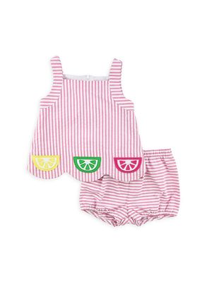 Baby Girl's 2-Piece Fruit Embroidered Seersucker Top & Bloomers Set - Pink White - Size 3 Months - Pink White - Size 3 Months