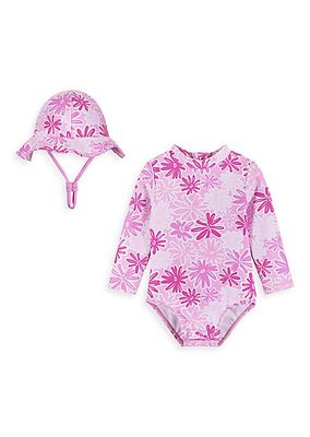 Baby Girl's 2-Piece Ribbed Rashguard One-Piece Swimsuit & Bucket Hat