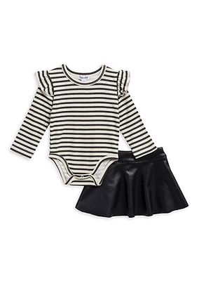 Baby Girl's 2-Piece Striped Bodysuit & Faux Leather Skirt Set