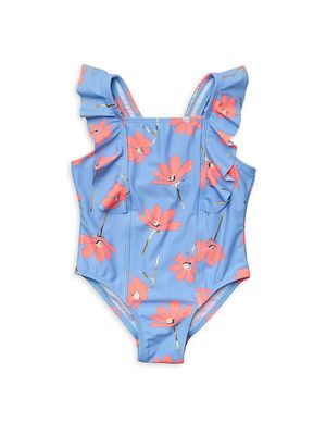Baby Girl's & Little Girl's Beach Bloom Ruffle Trim Swimsuit - Blue - Size 3 Months - Blue - Size 3 Months