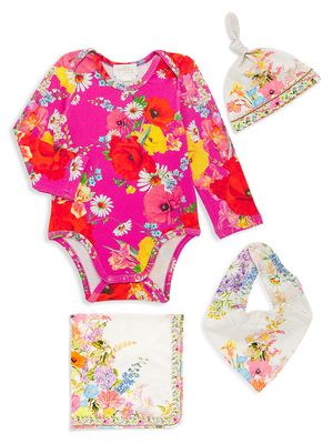 Baby Girl's Bodysuit, Beanie, Bib & Blanket Starter Set - Size 3 Months - Size 3 Months