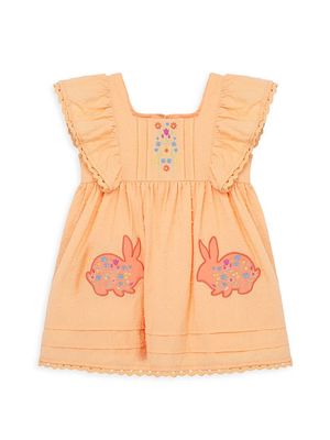 Baby Girl's Bunny Embroidered Swiss Dot Dress - Pale Orange - Size 12 Months - Pale Orange - Size 12 Months