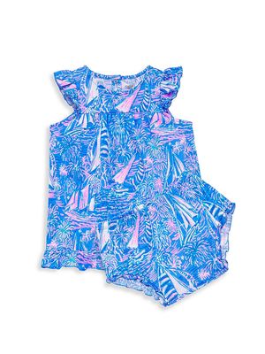 Baby Girl's Cecily Floral Print Dress & Bloomers Set - Boca Blue - Size 12 Months