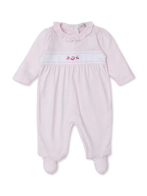 Baby Girl's Cherry Embroidered Striped Ruffled Footie - Pink - Size Newborn