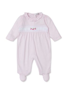 Baby Girl's Cherry Embroidered Striped Ruffled Footie