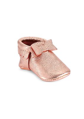 Baby Girl's Rose Gold Bow Mini Rubber Sole Moccasins