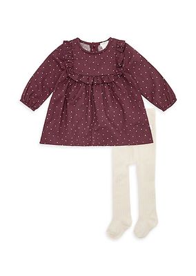 Baby Girl's Ruffle-Trim Dot Print Dress & Ribbed Tights Set