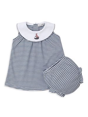 Baby Girl's Striped Collared Dress & Bloomers Set - Navy - Size Newborn