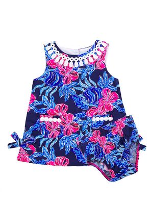 Baby Girl's Tropical Floral Print Sleeveless Dress & Bloomers Set - Low Tide Navy Its Ofishell - Size 18 Months