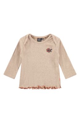 BABYFACE Embroidered Flower Long Sleeve Cotton Rib Top in Beige Melange