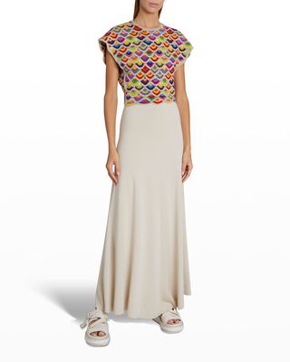 Back-Cutout Scallop Crochet Cashmere Maxi Dress