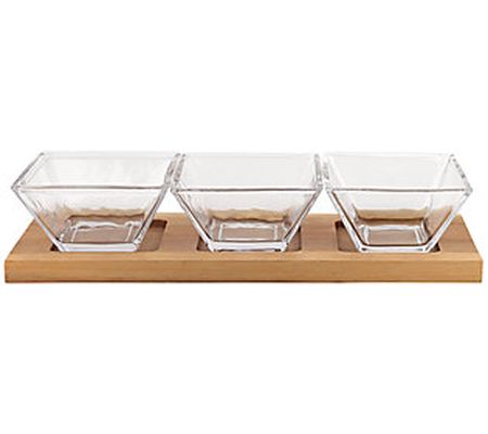 Badash Hostess Set 4-Pc With 3 Glass Condiment on a Wood Tray
