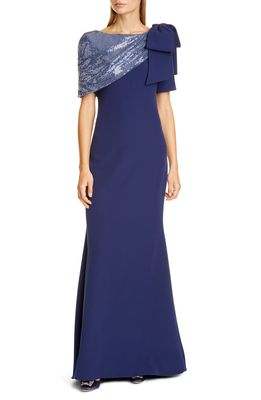 Badgley Mischka Collection Blouson Long Sleeve Sequin Stripe Cocktail Dress in Dark Sapphire