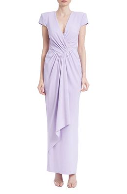 Badgley Mischka Collection Drape Front Short Sleeve Gown in Lilac