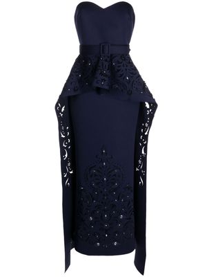 Badgley Mischka crystal-embellished strapless peplum gown dress - Blue